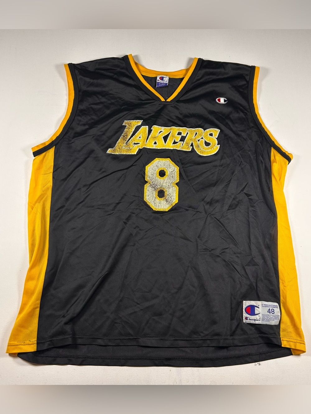 Vintage 90s RARE Champion Mens LA-Lakers Kobe Bryant Black Jersey #8 Size 48 XL